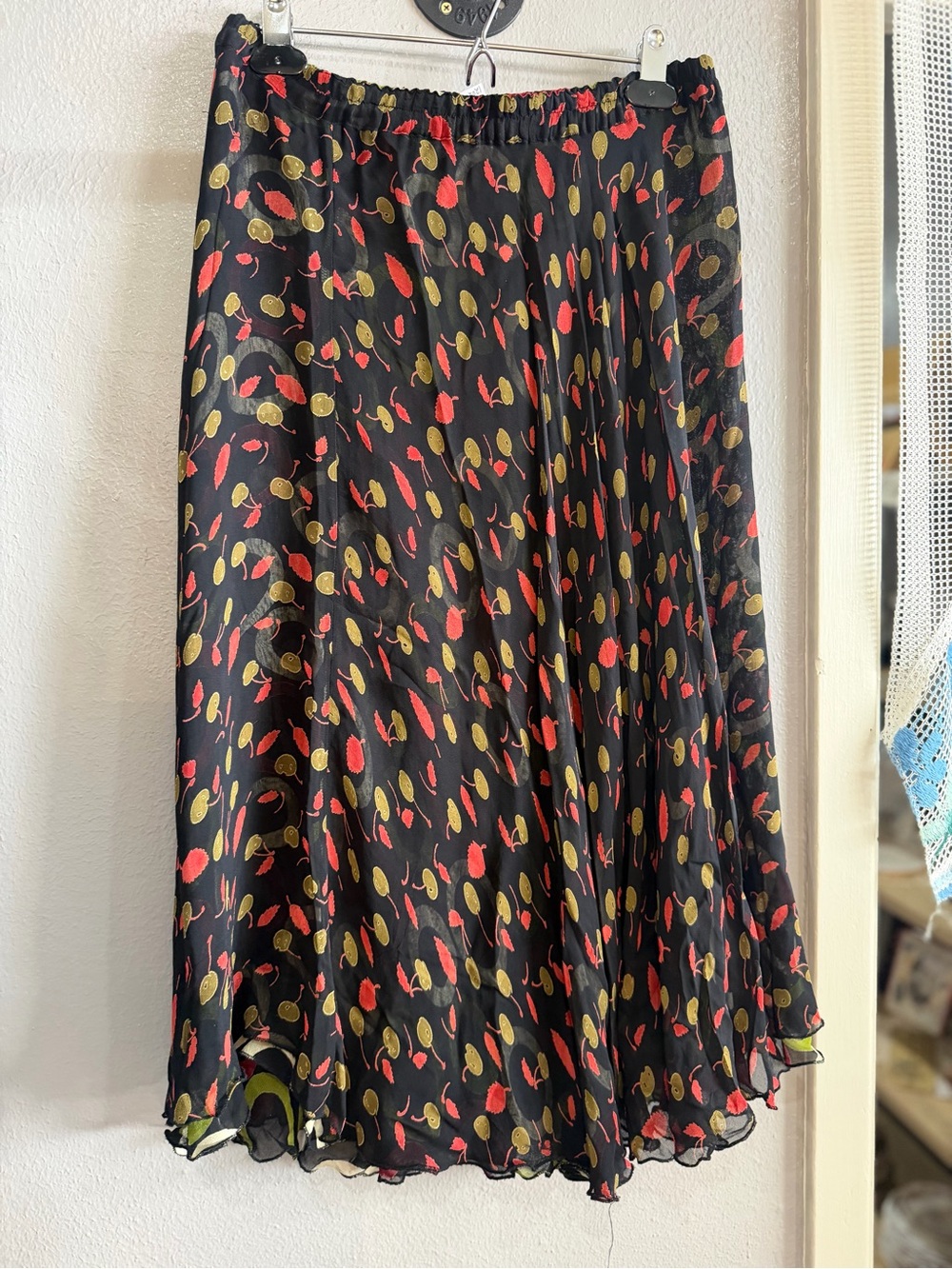 Black Reversible Printed Midi Skirt with Red and Olive Dots